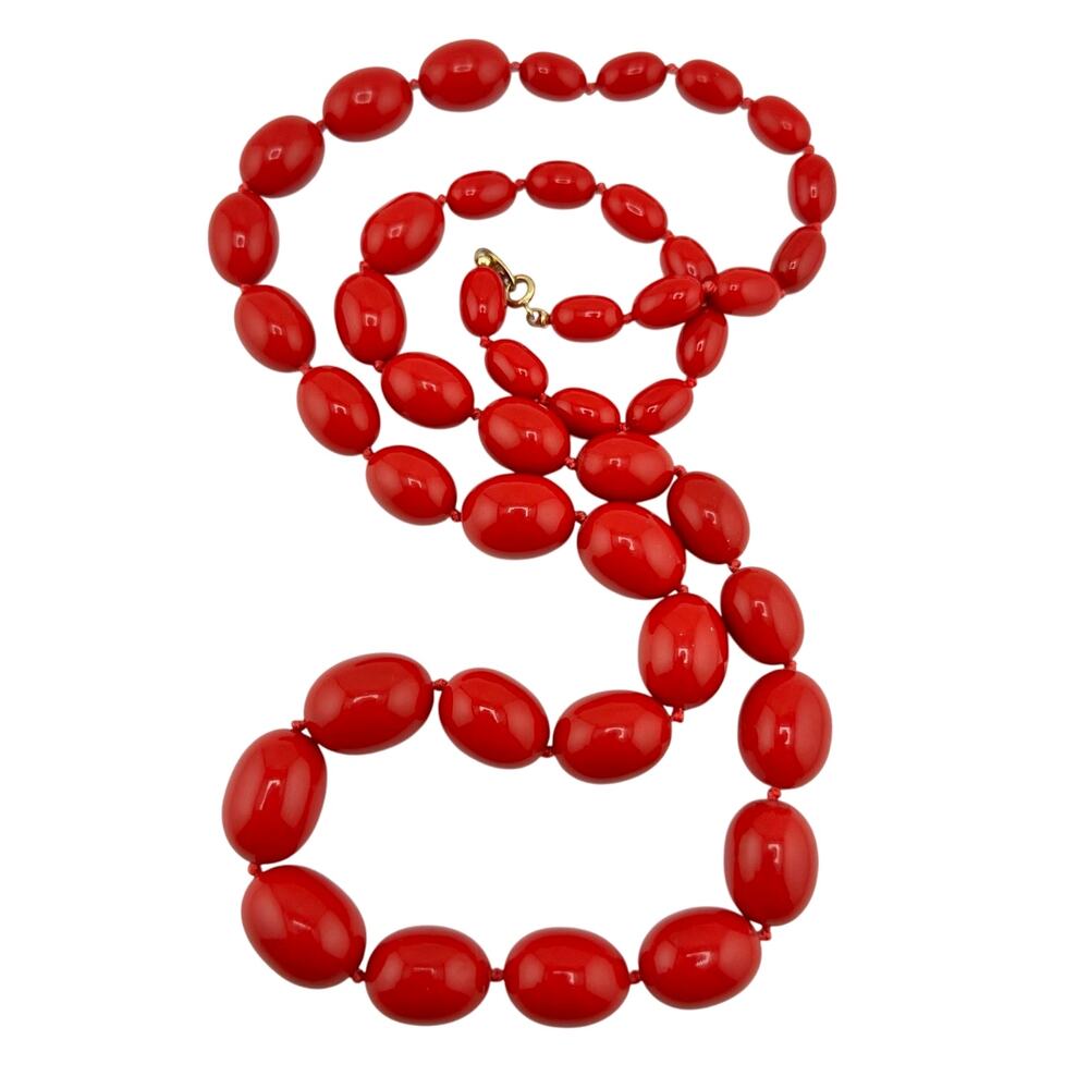 Vintage Trifari MCM Graduated Red Oval Beaded Hand Knotted 30" Necklace